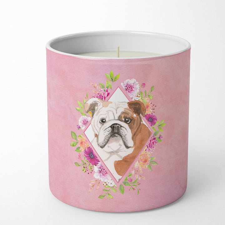 English Bulldog Pink Flowers 10 oz Decorative Soy Candle Image 1