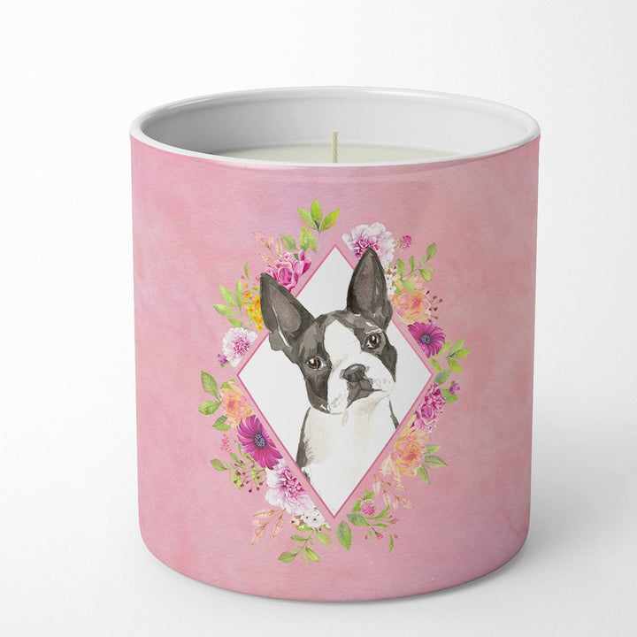 Boston Terrier Pink Flowers 10 oz Decorative Soy Candle Image 1