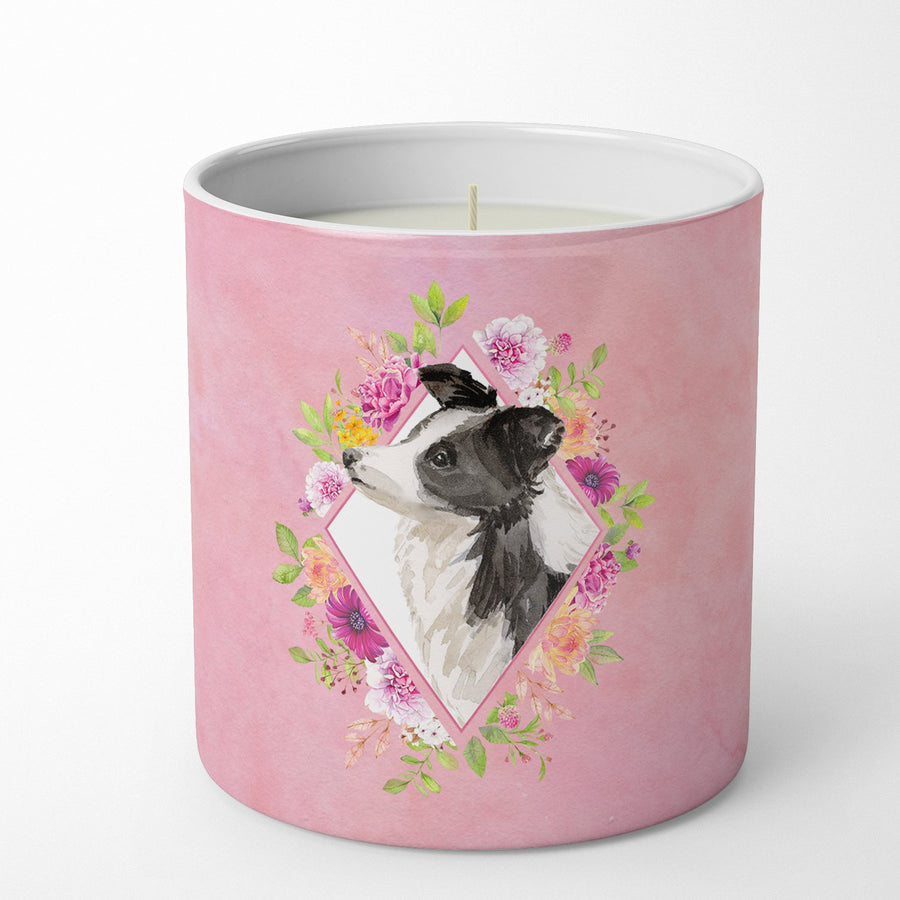 Border Collie Pink Flowers 10 oz Decorative Soy Candle Image 1