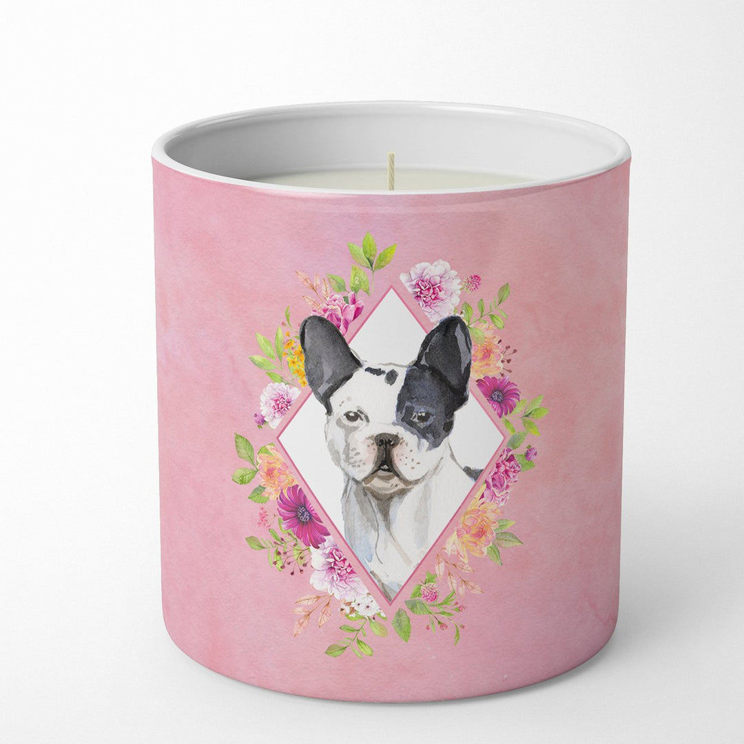 Black and White Frenchie Pink Flowers 10 oz Decorative Soy Candle Image 1