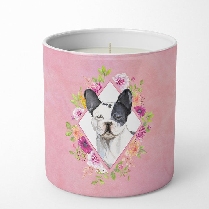 Black and White Frenchie Pink Flowers 10 oz Decorative Soy Candle Image 4