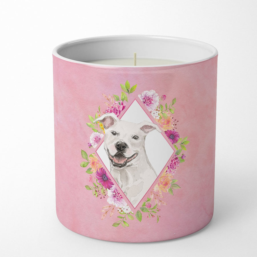 White Pit Bull Terrier Pink Flowers 10 oz Decorative Soy Candle Image 1