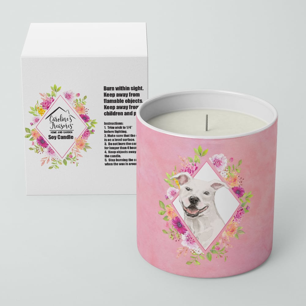 White Pit Bull Terrier Pink Flowers 10 oz Decorative Soy Candle Image 2