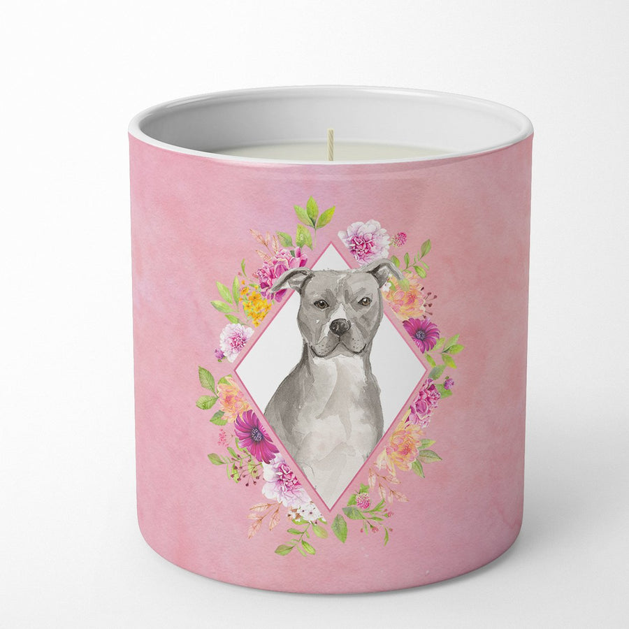 Blue Pit Bull Terrier Pink Flowers 10 oz Decorative Soy Candle Image 1