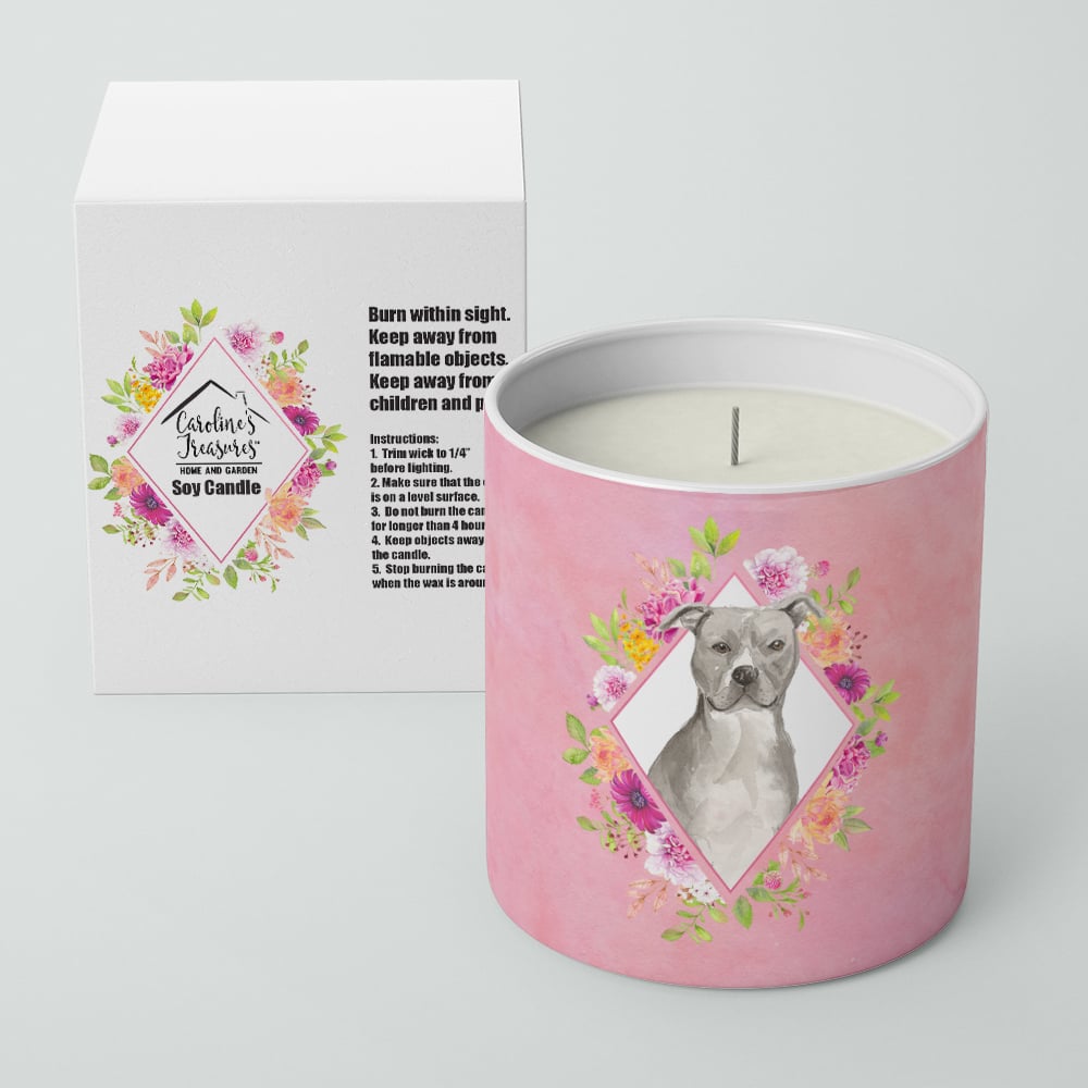 Blue Pit Bull Terrier Pink Flowers 10 oz Decorative Soy Candle Image 2