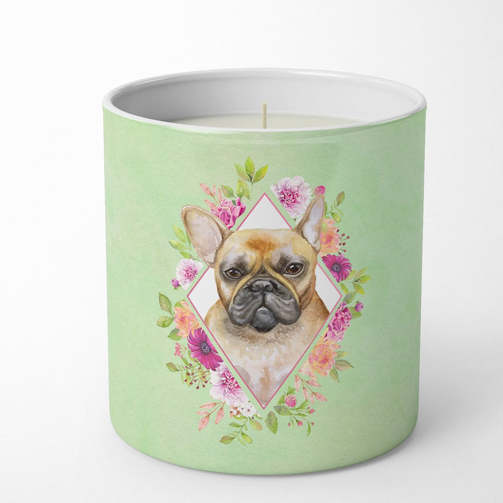 Fawn French Bulldog Green Flowers 10 oz Decorative Soy Candle Image 1