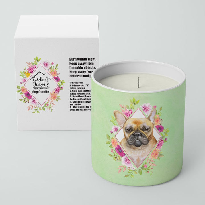 Fawn French Bulldog Green Flowers 10 oz Decorative Soy Candle Image 2