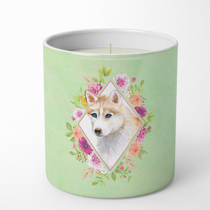 Red Siberian Husky Green Flowers 10 oz Decorative Soy Candle Image 1