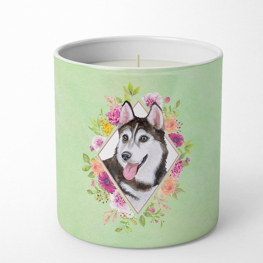 Siberian Husky Style 1 Green Flowers 10 oz Decorative Soy Candle Image 1