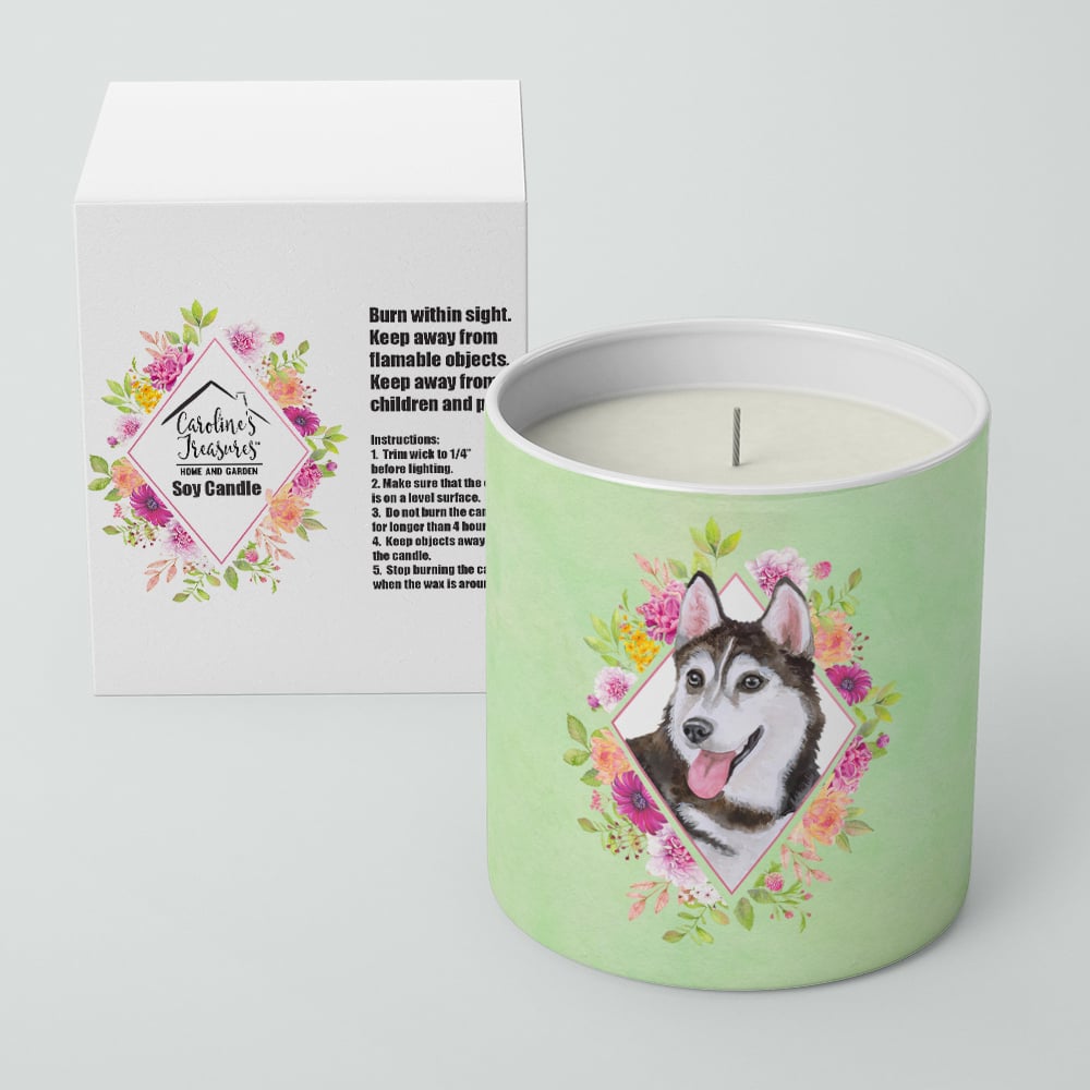 Siberian Husky Style 1 Green Flowers 10 oz Decorative Soy Candle Image 2