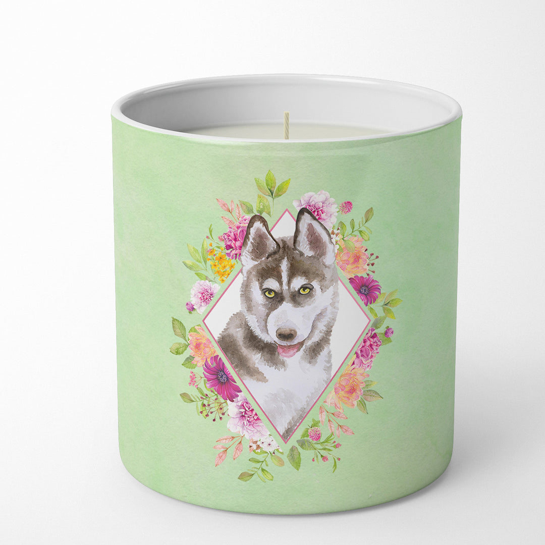 Siberian Husky Style 2 Green Flowers 10 oz Decorative Soy Candle Image 1