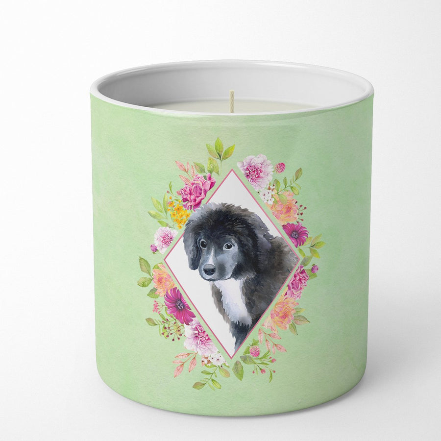 Newfoundland Puppy Green Flowers 10 oz Decorative Soy Candle Image 1