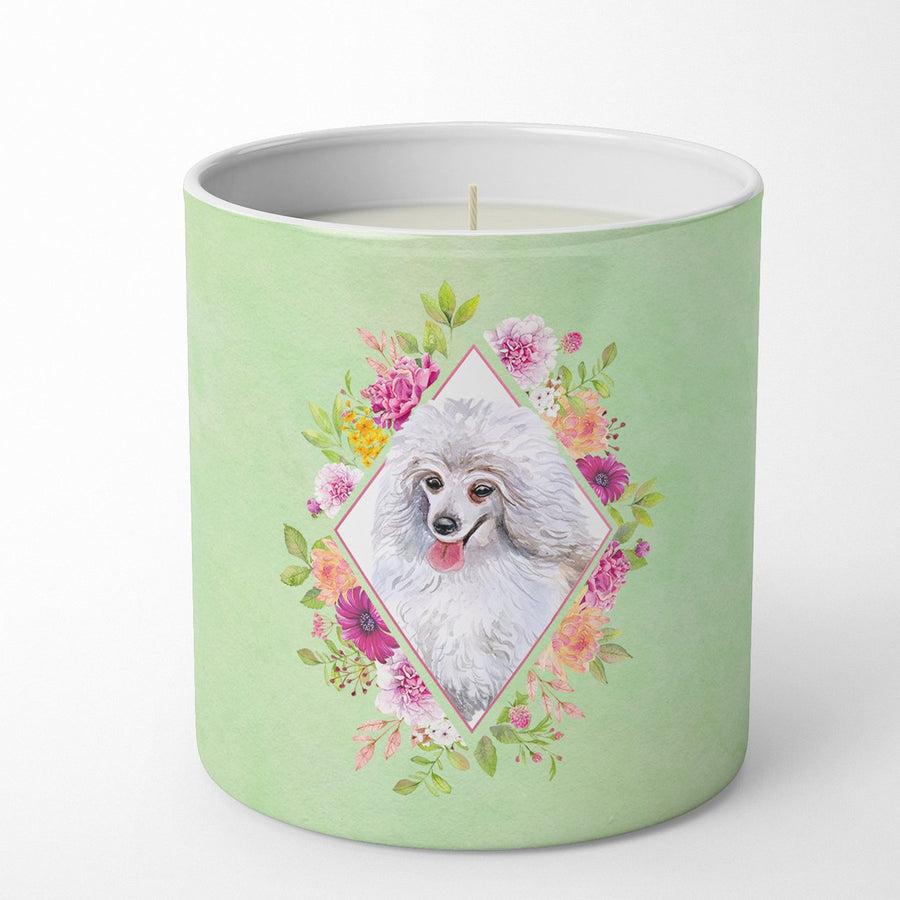 White Mini Poodle Green Flowers 10 oz Decorative Soy Candle Image 1