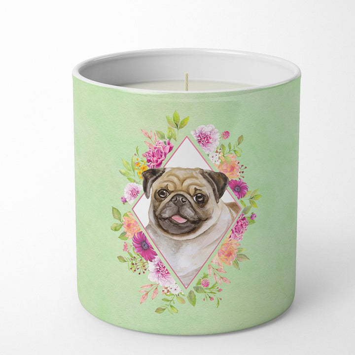 Fawn Pug Green Flowers 10 oz Decorative Soy Candle Image 1