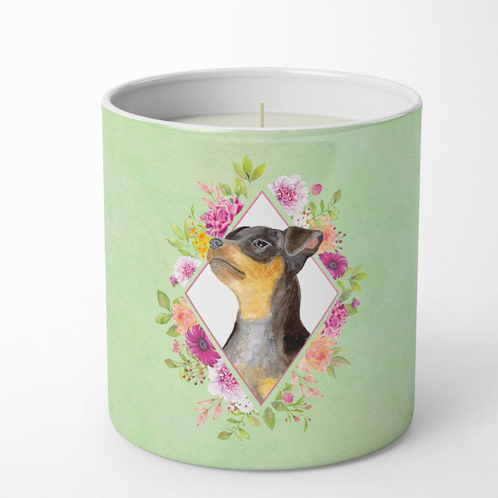 Black Miniature Pinscher Green Flowers 10 oz Decorative Soy Candle Image 1