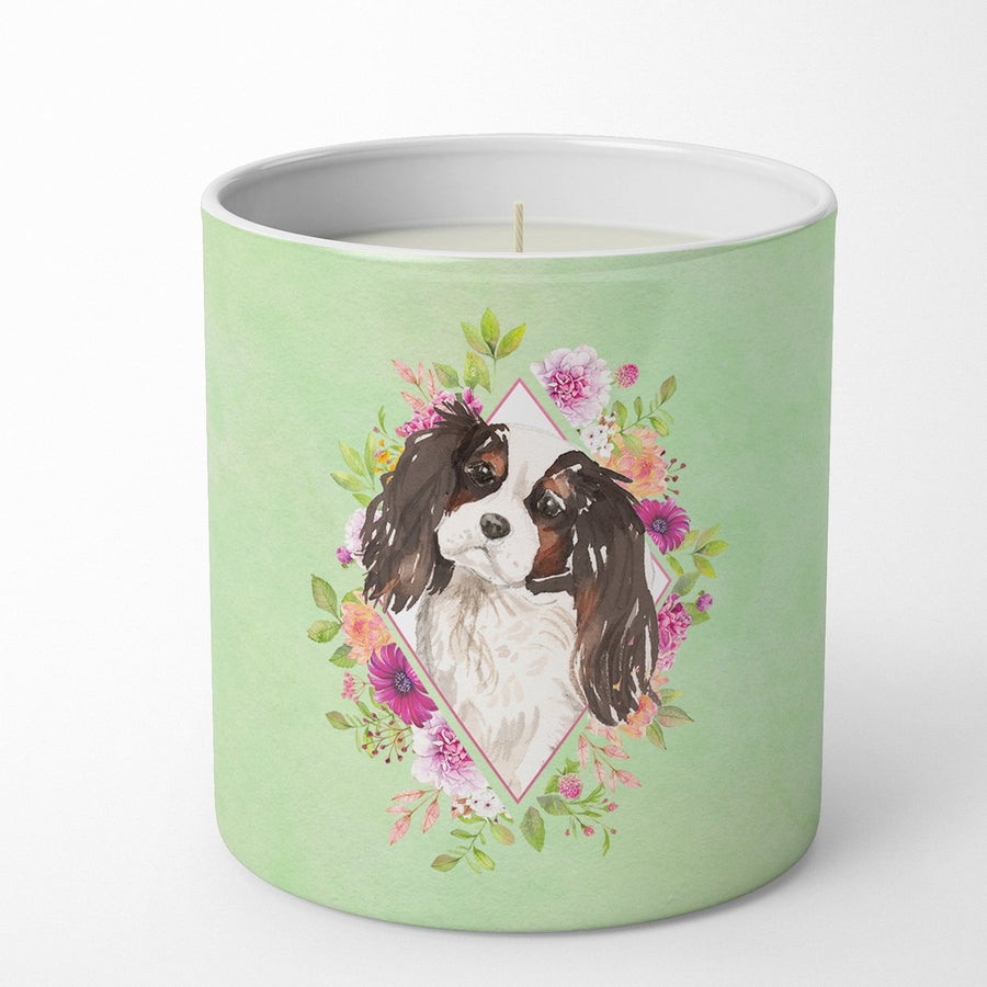 Tricolor Cavalier Spaniel Green Flowers 10 oz Decorative Soy Candle Image 1