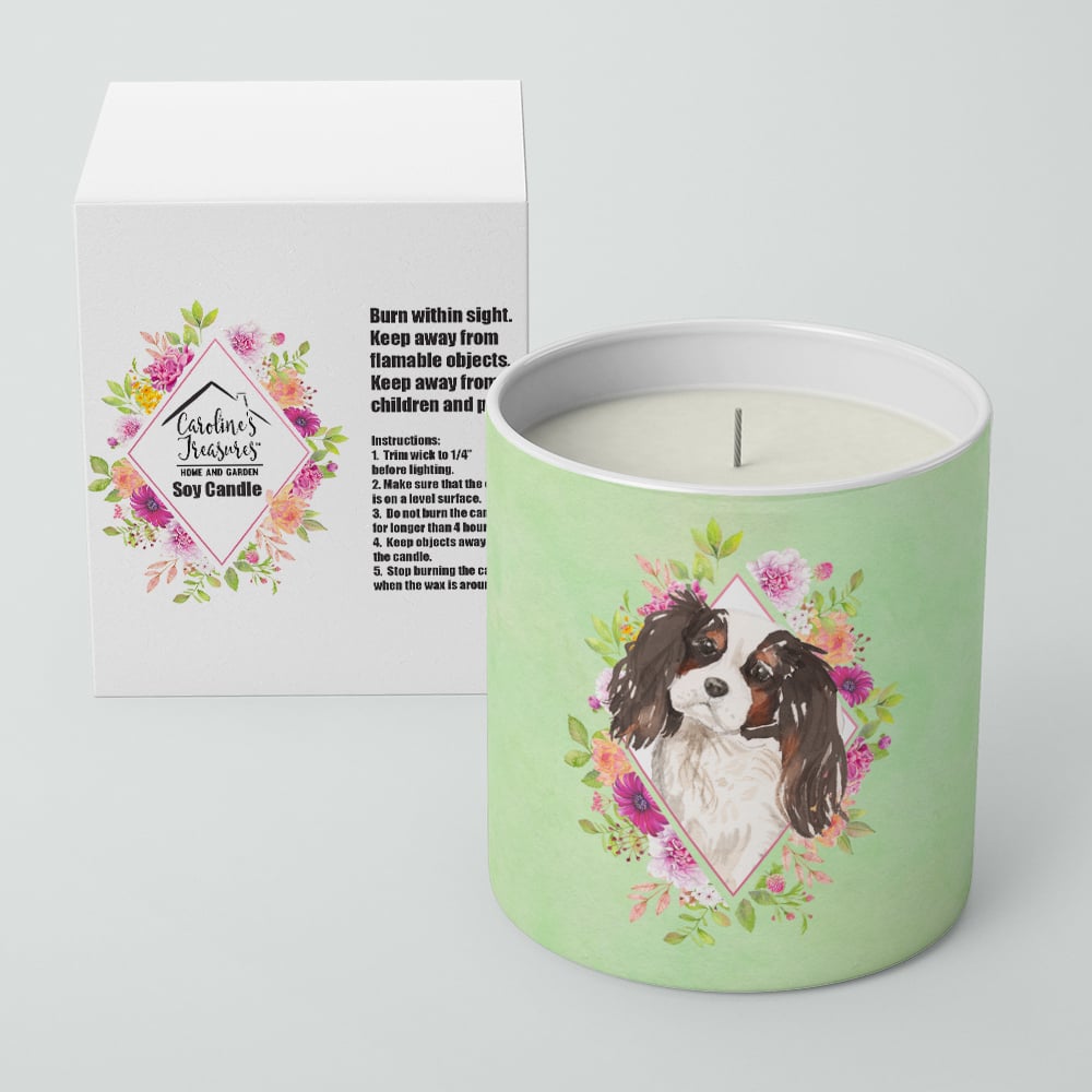 Tricolor Cavalier Spaniel Green Flowers 10 oz Decorative Soy Candle Image 2