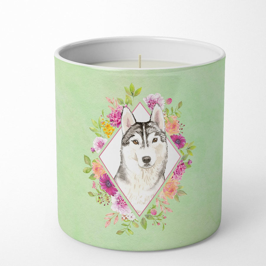 Siberian Husky Green Flowers 10 oz Decorative Soy Candle Image 1