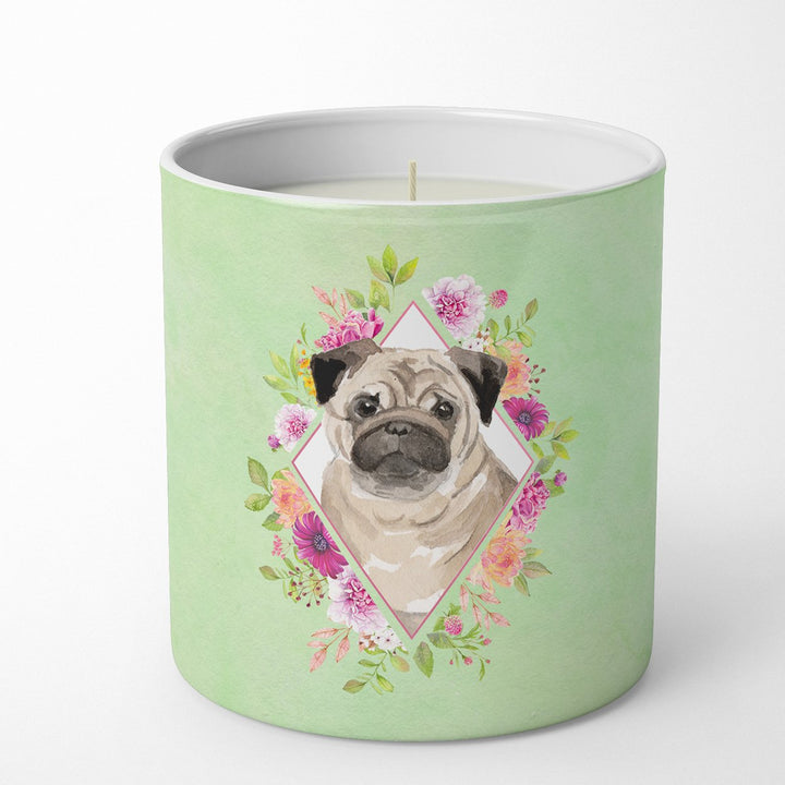 Fawn Pug Green Flowers 10 oz Decorative Soy Candle Image 1