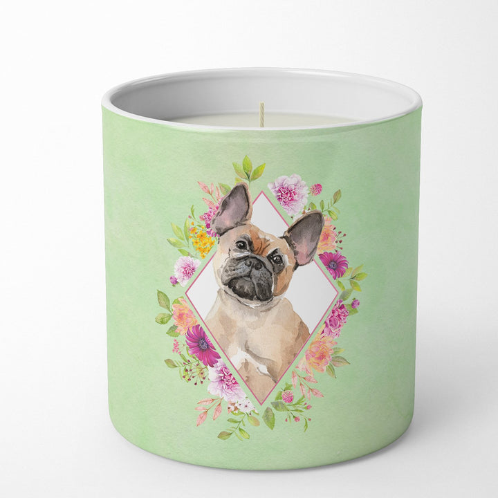 Fawn French Bulldog Green Flowers 10 oz Decorative Soy Candle Image 1