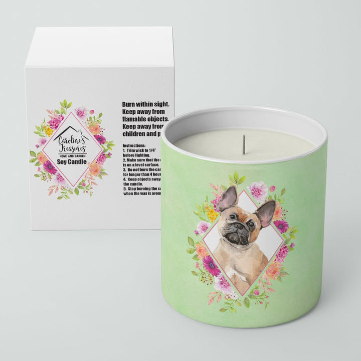 Fawn French Bulldog Green Flowers 10 oz Decorative Soy Candle Image 2