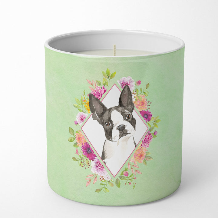 Boston Terrier Green Flowers 10 oz Decorative Soy Candle Image 1