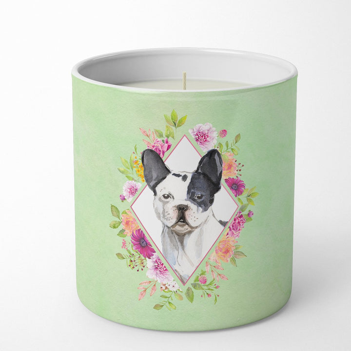 Black and White Frenchie Green Flowers 10 oz Decorative Soy Candle Image 1