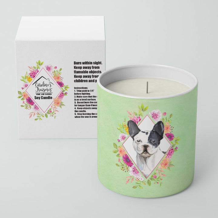 Black and White Frenchie Green Flowers 10 oz Decorative Soy Candle Image 2