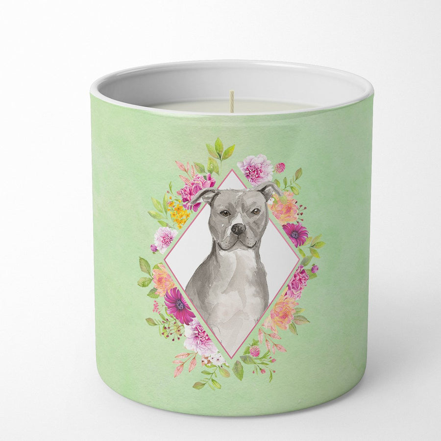 Blue Pit Bull Terrier Green Flowers 10 oz Decorative Soy Candle Image 1