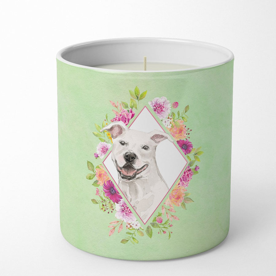 White Pit Bull Terrier Green Flowers 10 oz Decorative Soy Candle Image 1