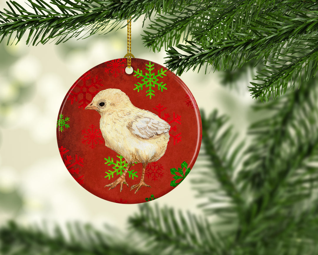 Baby Chick Red Snowflakes Holiday Christmas Ceramic Ornament Image 2