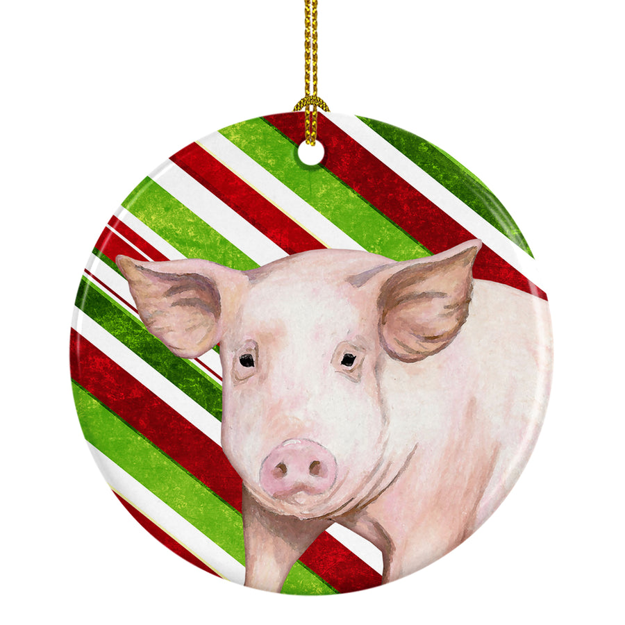 Pig Candy Cane Holiday Christmas Ceramic Ornament Image 1