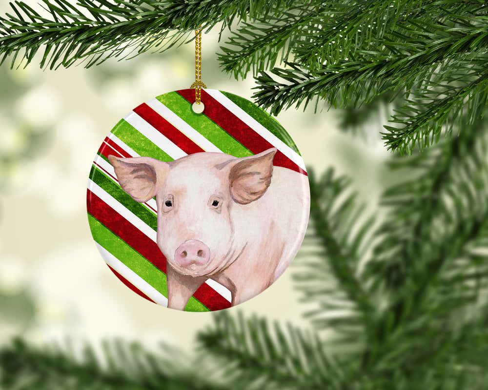 Pig Candy Cane Holiday Christmas Ceramic Ornament Image 2