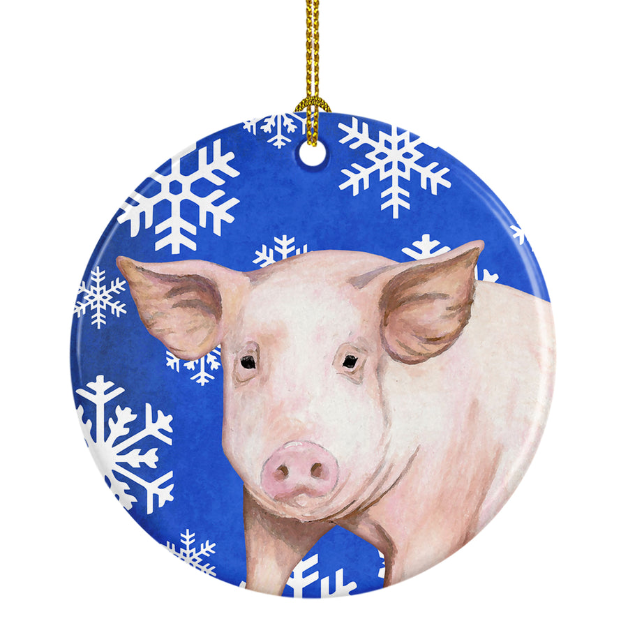 Pig Winter Snowflakes Holiday Ceramic Ornament Image 1