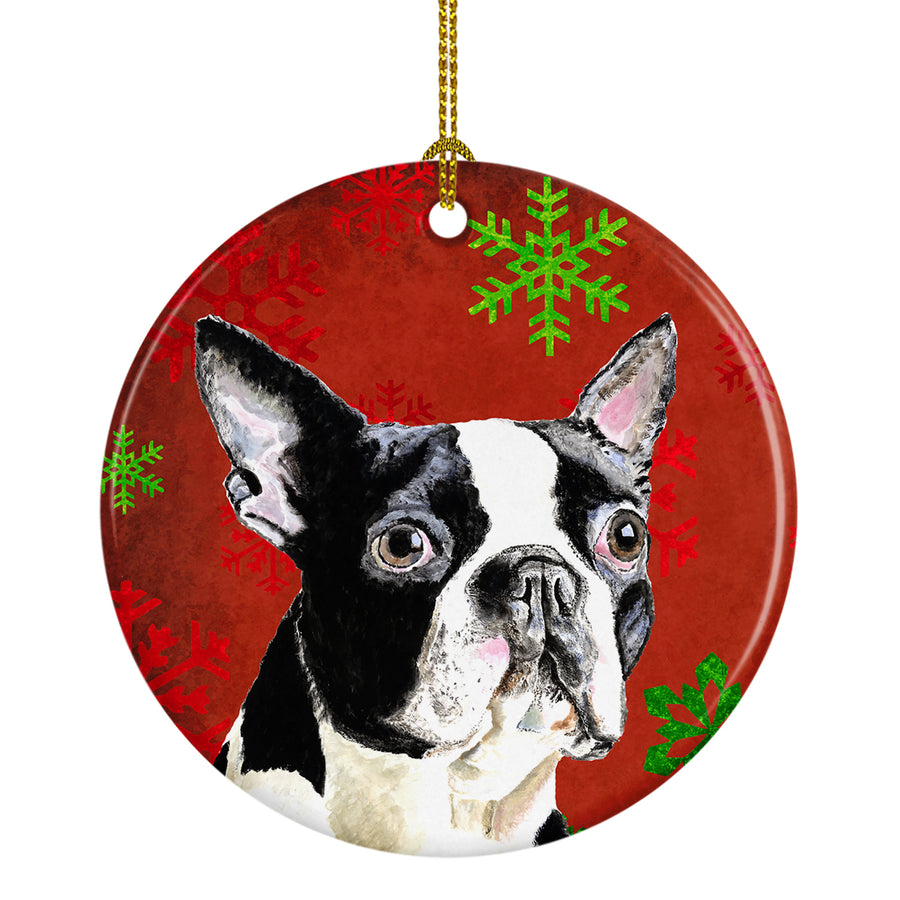 Boston Terrier Red Snowflakes Holiday Christmas Ceramic Ornament SC9400 Image 1