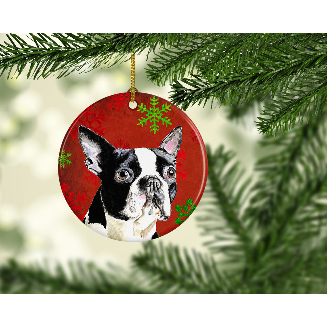 Boston Terrier Red Snowflakes Holiday Christmas Ceramic Ornament SC9400 Image 2