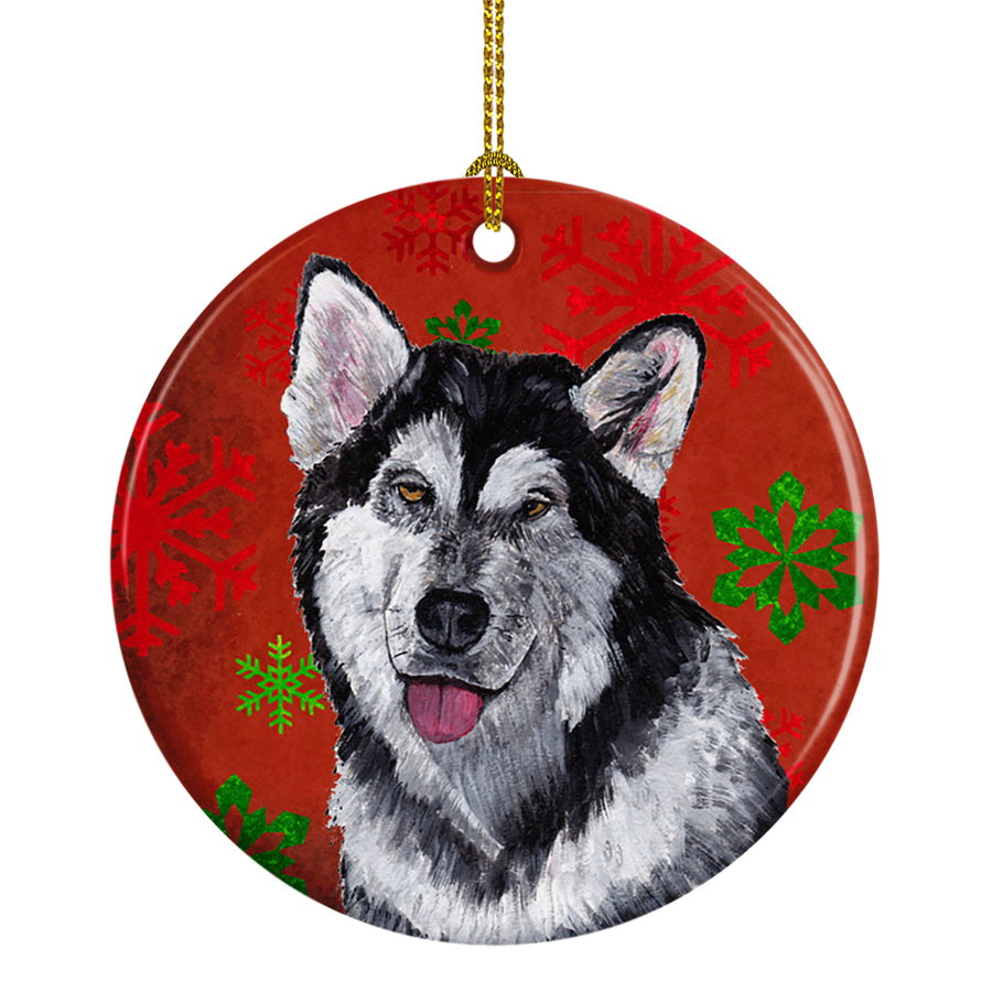 Alaskan Malamute Red Snowflakes Holiday Christmas Ceramic Ornament Image 1