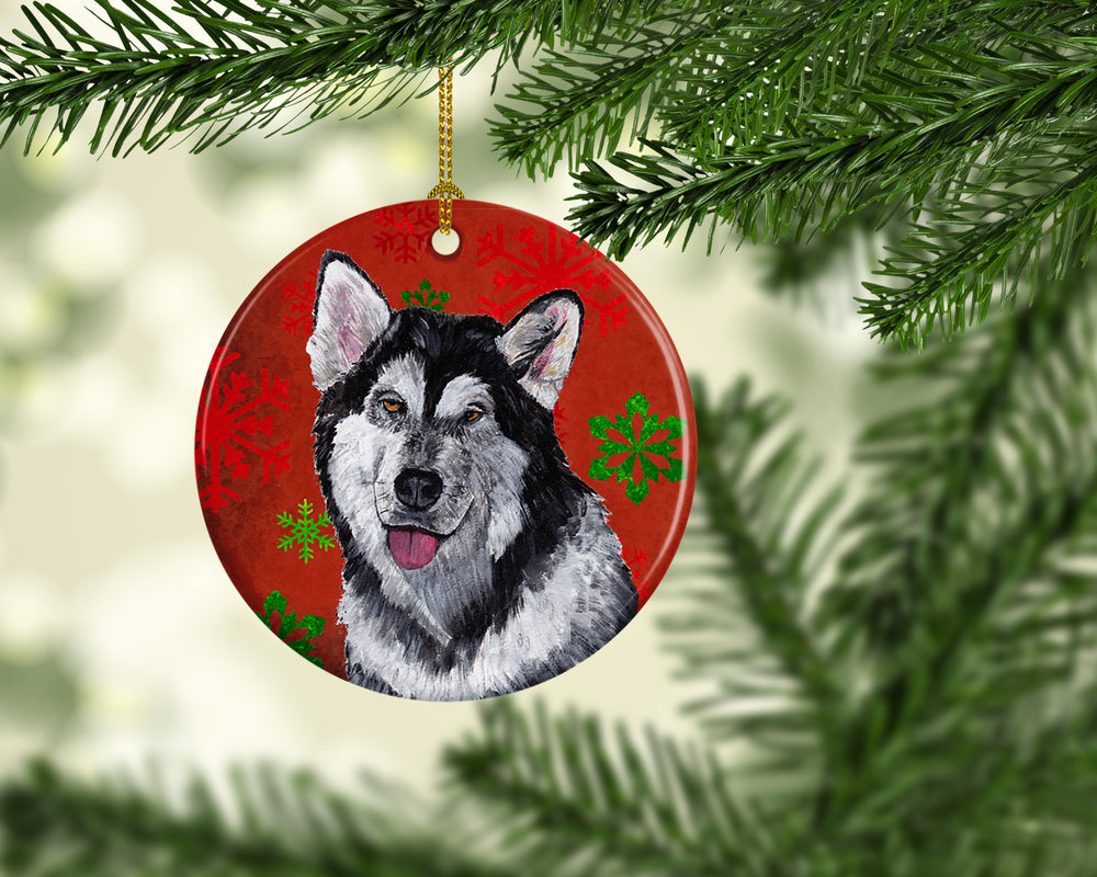 Alaskan Malamute Red Snowflakes Holiday Christmas Ceramic Ornament Image 2