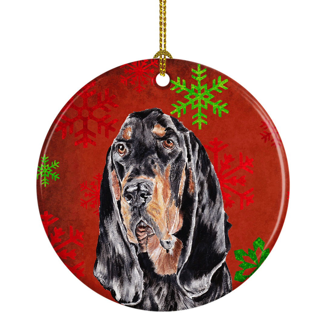 Black and Tan Coonhound Red Snowflakes Holiday Ceramic Ornament Image 1