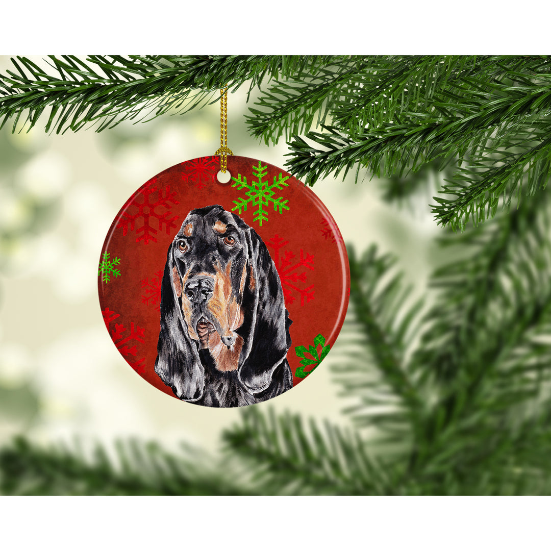 Black and Tan Coonhound Red Snowflakes Holiday Ceramic Ornament Image 2