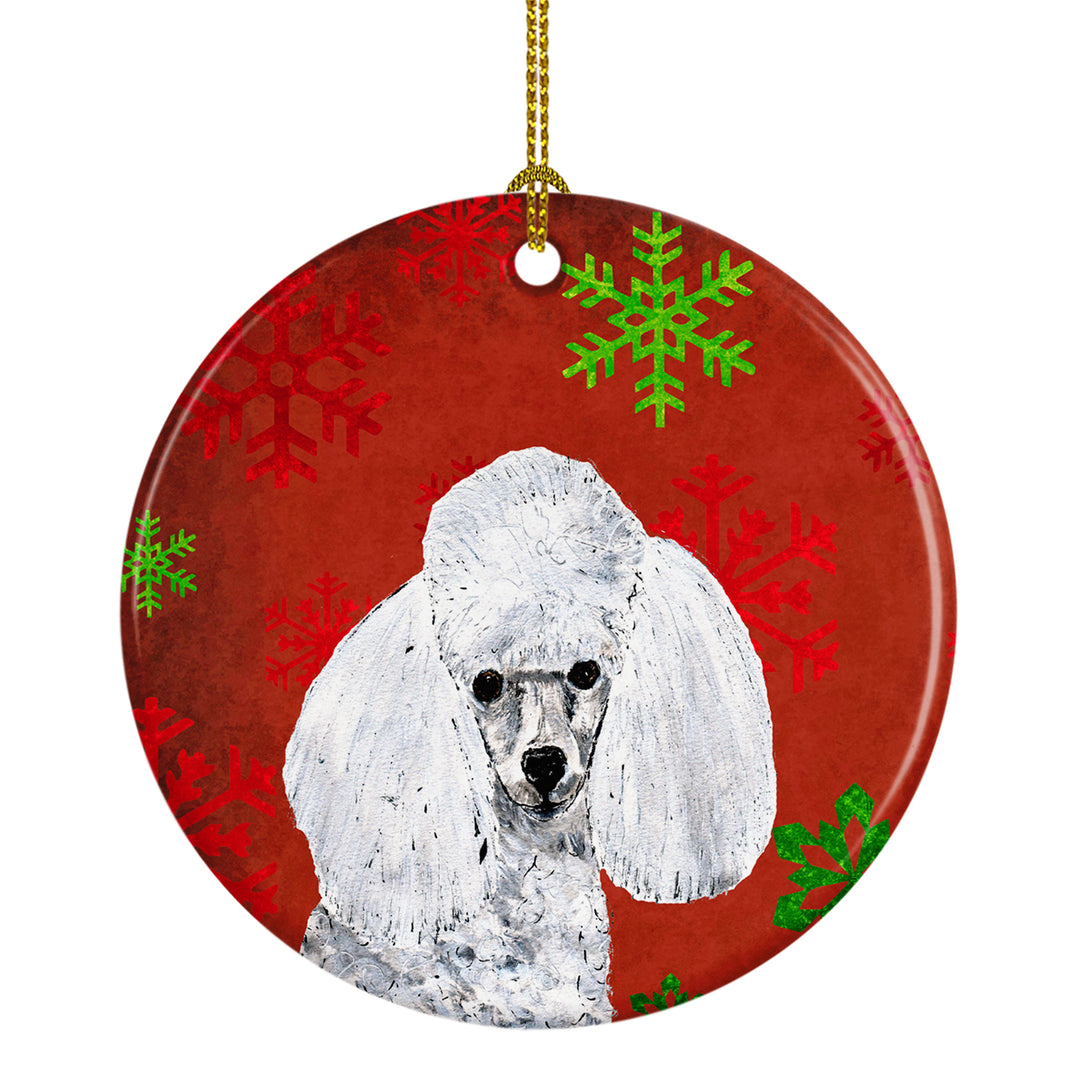 White Toy Poodle Red Snowflakes Holiday Ceramic Ornament Image 1