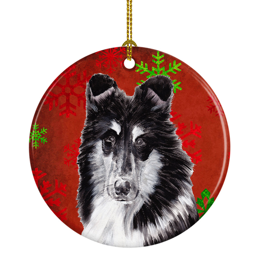 Black and White Collie Red Snowflakes Holiday Ceramic Ornament Image 1