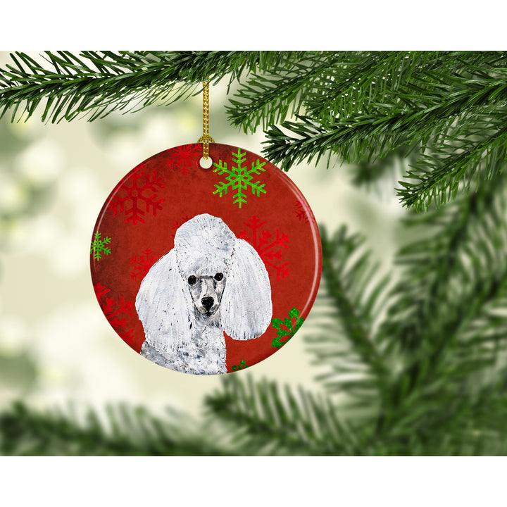 White Toy Poodle Red Snowflakes Holiday Ceramic Ornament Image 2