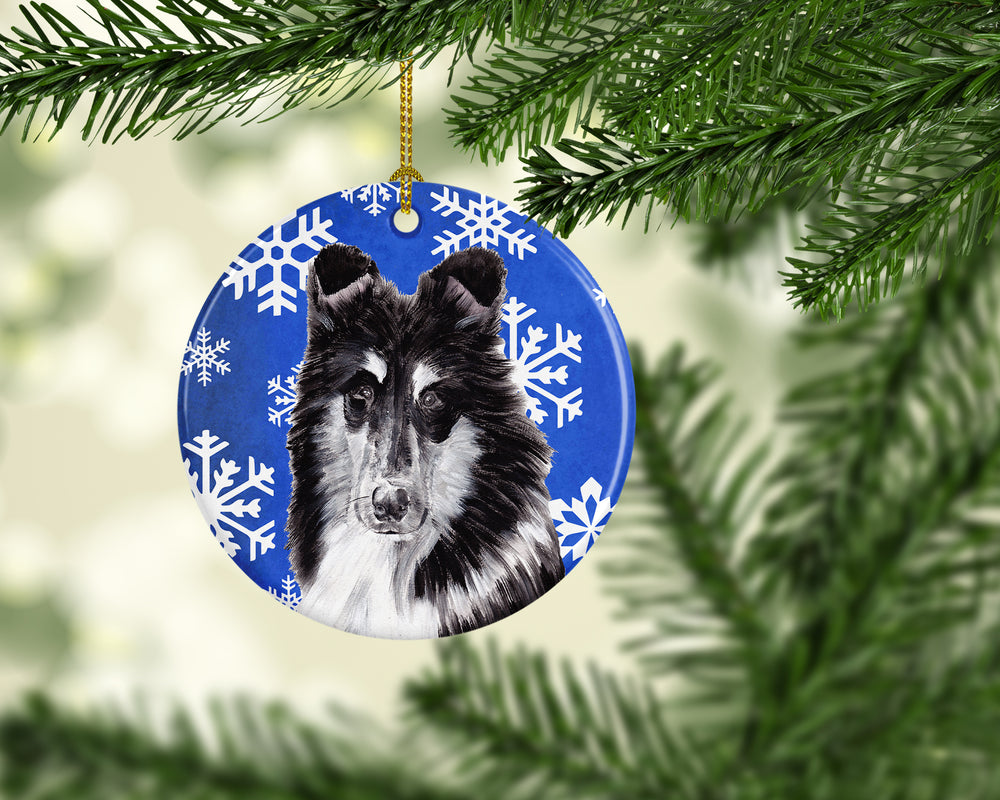 Black and White Collie Winter Snowflakes Ceramic Ornament Image 2