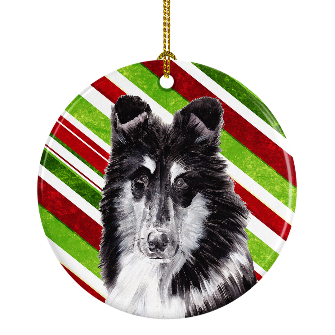 Black and White Collie Candy Cane Christmas Ceramic Ornament Image 1