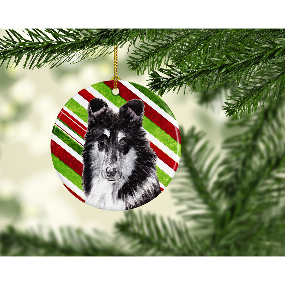 Black and White Collie Candy Cane Christmas Ceramic Ornament Image 2