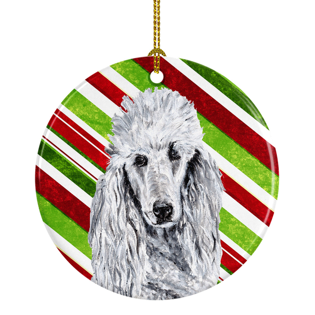 White Standard Poodle Candy Cane Christmas Ceramic Ornament Image 1