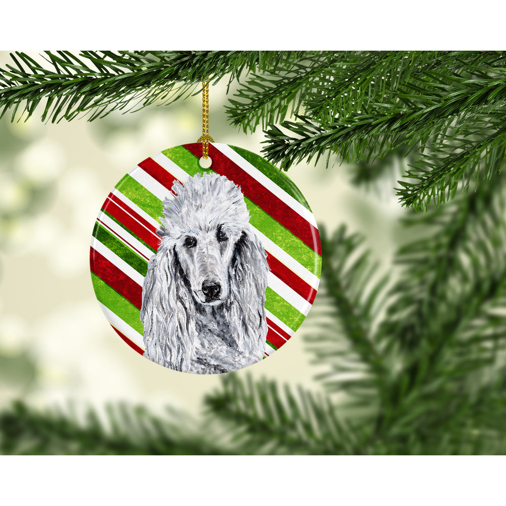 White Standard Poodle Candy Cane Christmas Ceramic Ornament Image 2