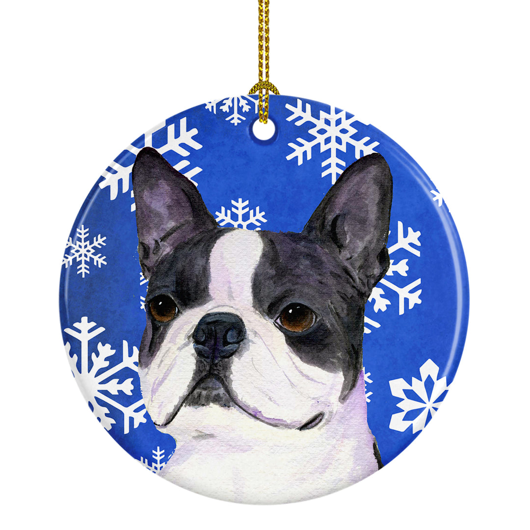 Boston Terrier Winter Snowflakes Holiday Christmas Ceramic Ornament SS4654 Image 1