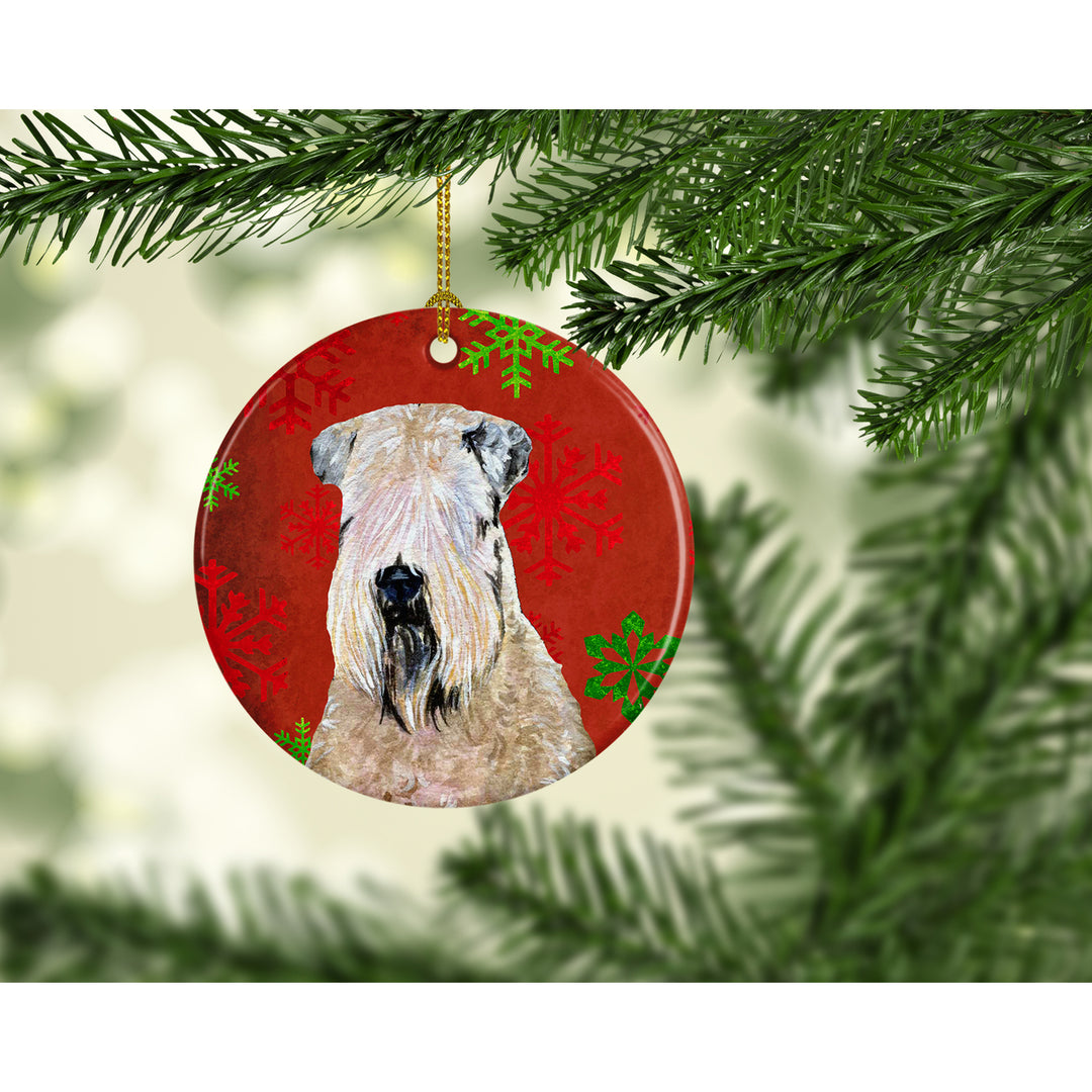 Wheaten Terrier Soft Coated Red Snowflakes Holiday Christmas Ceramic Ornament Image 2